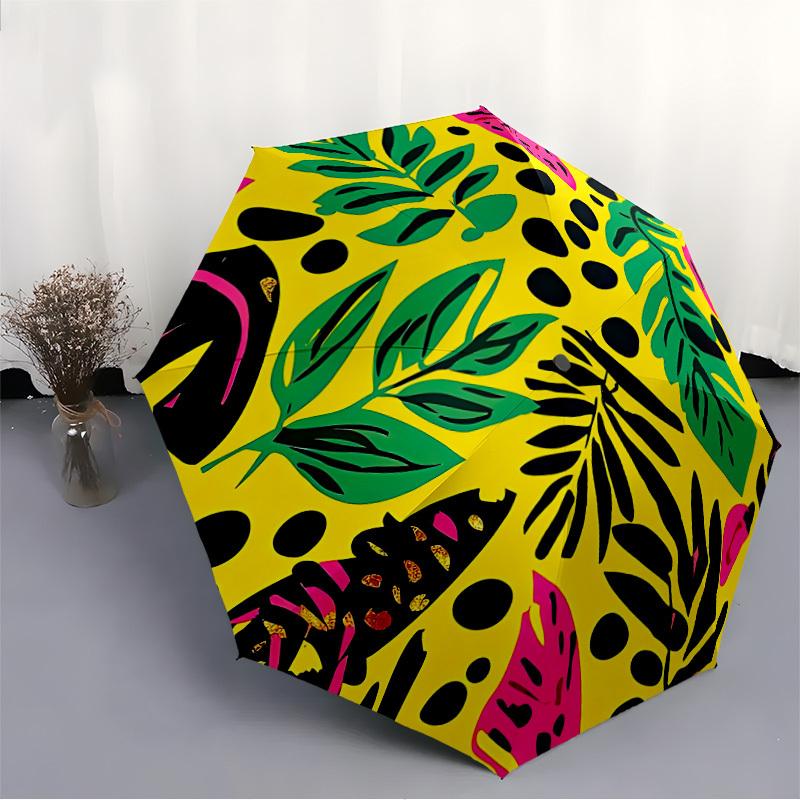 1pc Tropical Leaves Pattern Automatic Folding Umbrella - Portable Collapsible Design, 8-Rib Iron Frame, Durable Fabric yy251125079