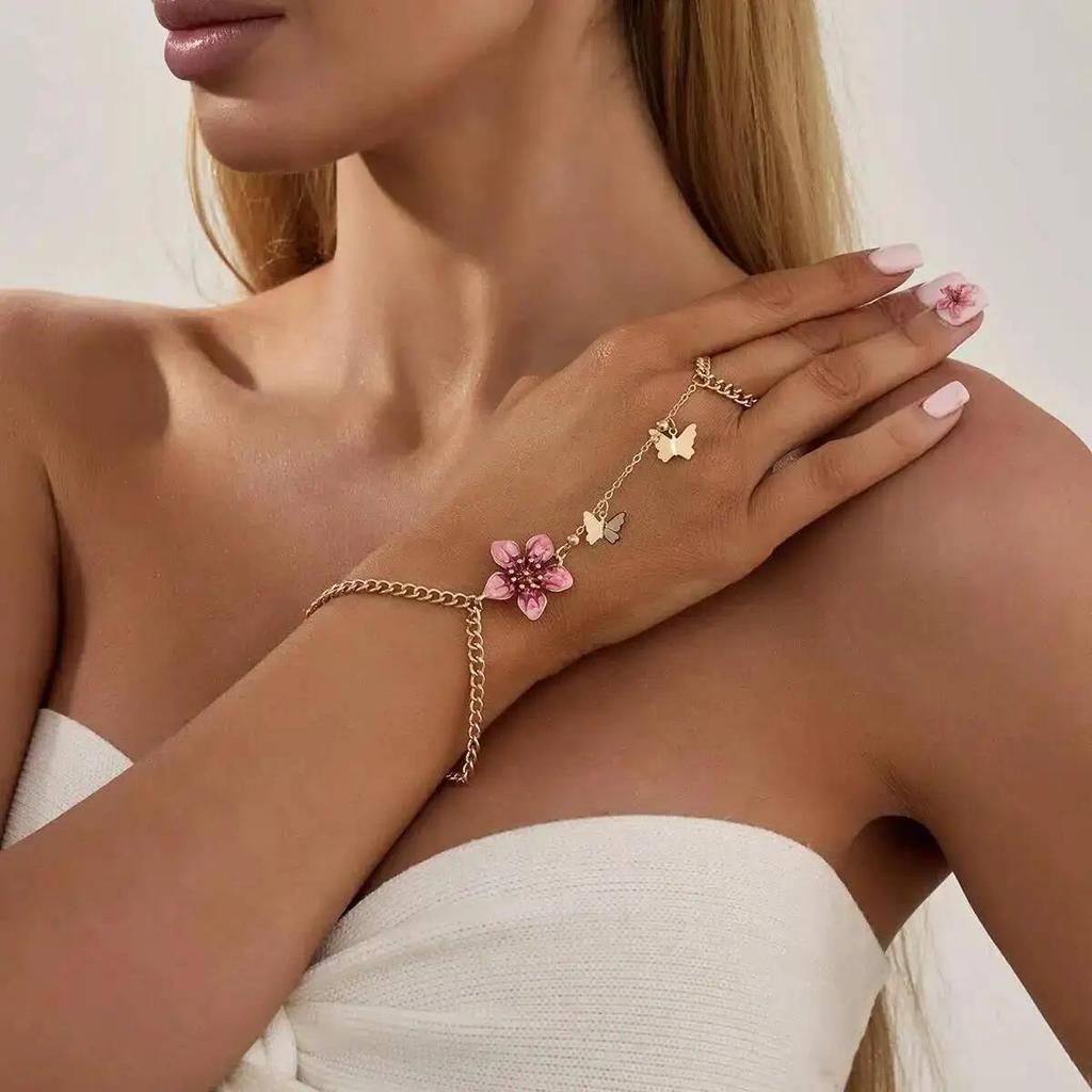 Neuer Exquisiter Süßer Schmetterlingsblumen-Fingerarmreif für Damen Retro Tropföl Blumen-Charme-Armbänder Schmuck Handaccessoire