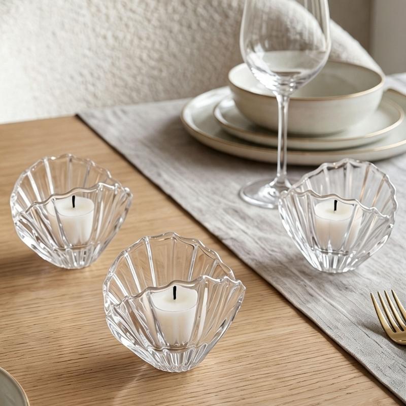 Shell Shape Glass Candle Holders with Clear Fluted Texture, Decorative Table Decors Candlestick Display for Desk, Side Table, Shelf, Bedroom, and