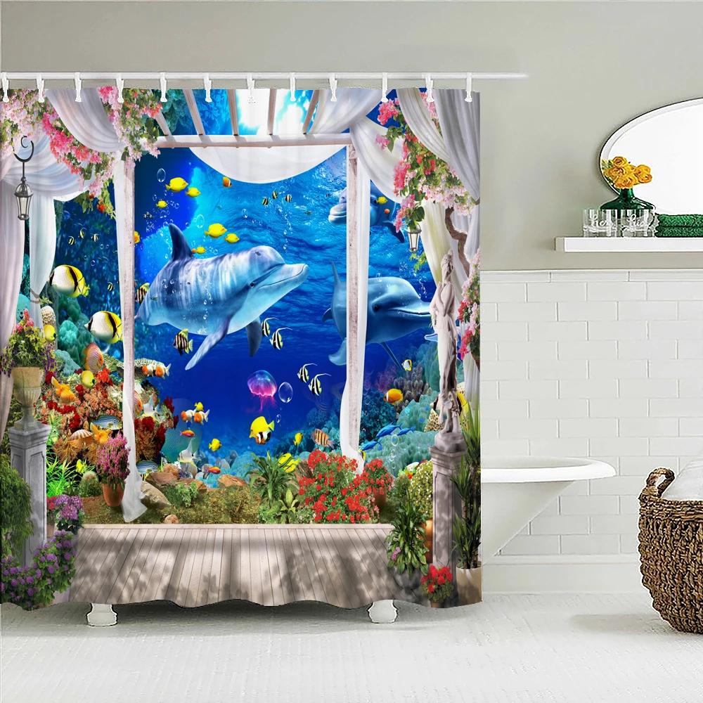 Rural Garden Flowers Seaside Scenery Shower Curtain Waterproof Bathroom Curtains Beautiful Sea Landscape Bath Screen with Hooks