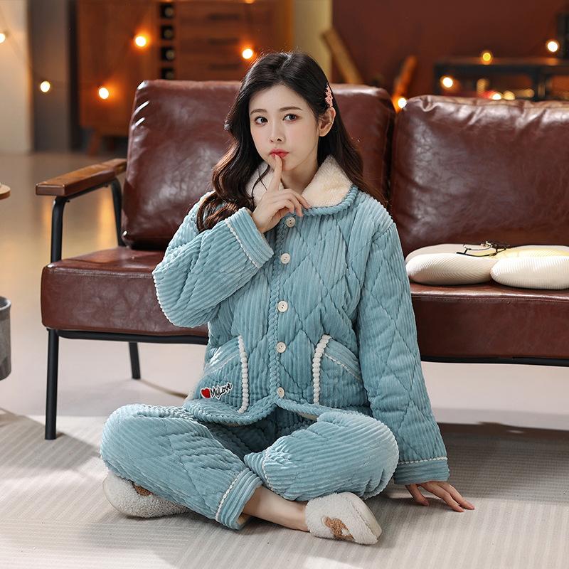 Pajamas women's winter thickened three-layer padded cotton and fleece to keep warm, large size can be worn outside coral fleece loungewear