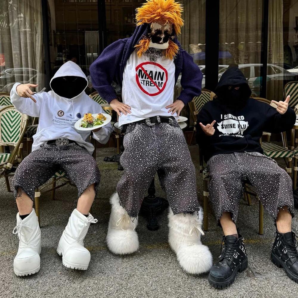 Streetwearové volné džínové šortky s celoplošným potiskem z kamínků pro muže, s roztrhanými dírami, prané, krátké, ležérní, volné, pětikapsové