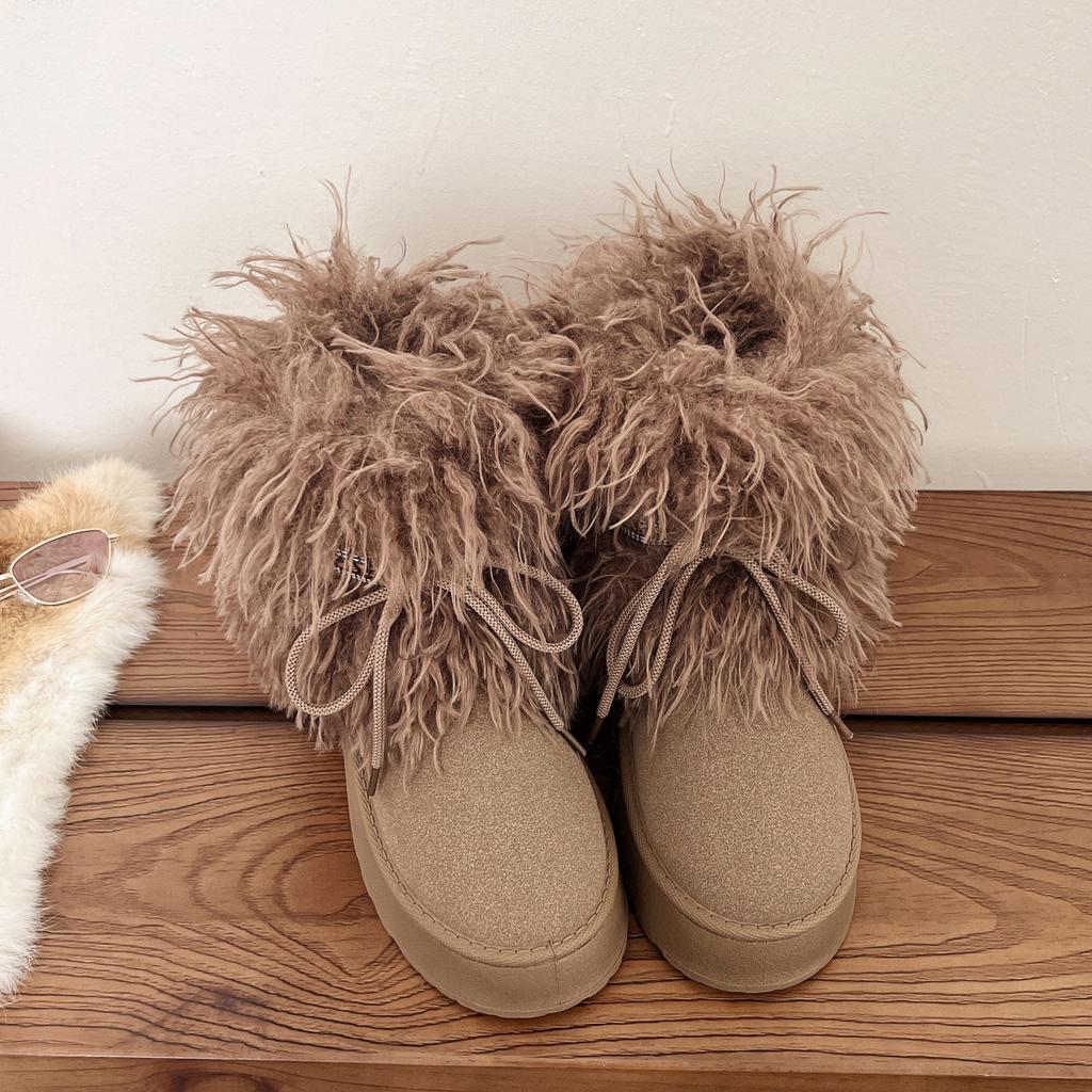 Fashion Fluffy Snow Boots Women's 2025 Autumn and Winter Retro Piled Thickened Medium Boots Warm Non-slip Thick-soled Cotton Boots