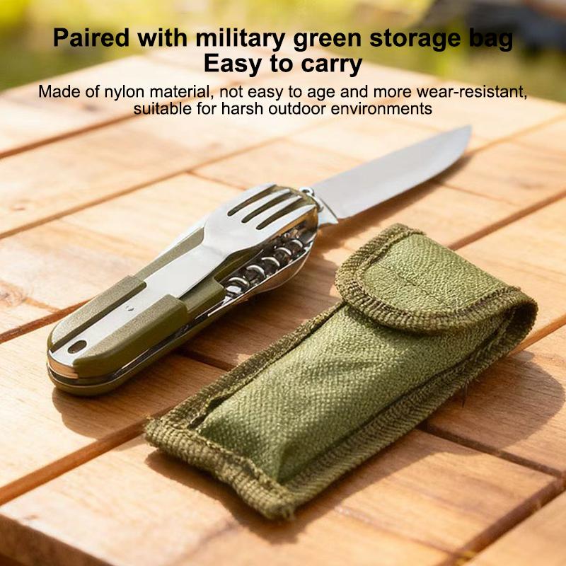 Stainless Steel 7 In 1 Camping Cutlery Set - Foldable Multifunctional Outdoor Tableware With Fork Spoon Knife For Picnic Hiking