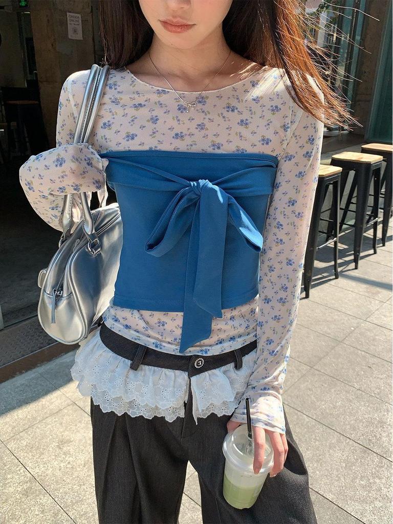Women's Spring Floral Sheer Slim Long Sleeve T-shirt