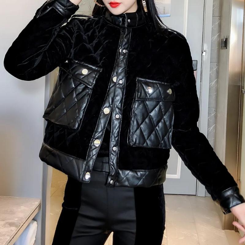 

Женская зимняя парка из искусственной кожи, бархатная лоскутная куртка с хлопковой подкладкой XL