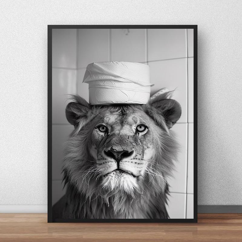 Fun Bathroom Black White Animal Raccoon Tiger Rhino Toilet Paper On Head Posters Printing Wall Painting Bathroom Home Decoration