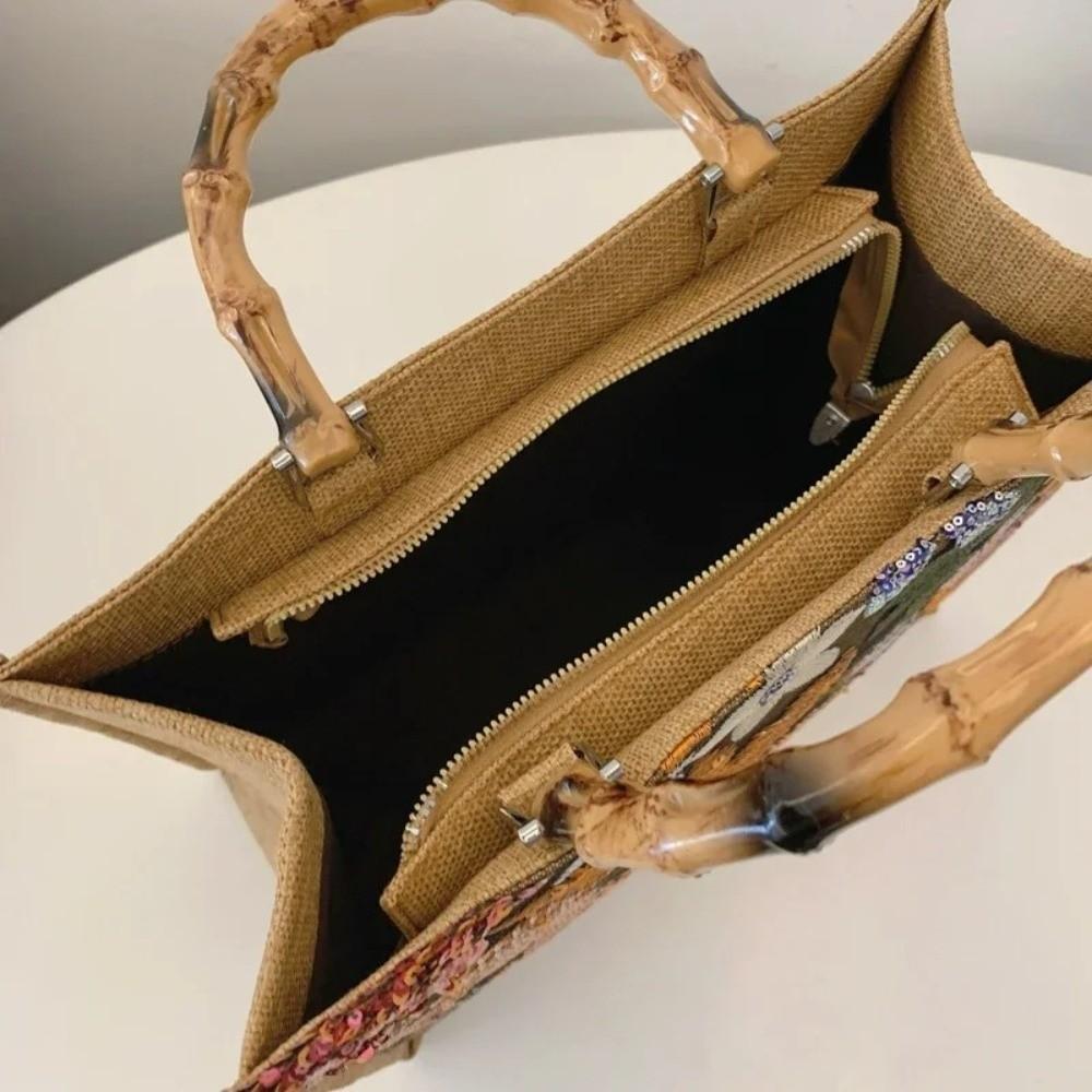 Colorful Sequins Bamboo Knot Handbag Chinese Style Large Capacity Lace Weaving Tote Bags Retro Bamboo Knot Woven Bags