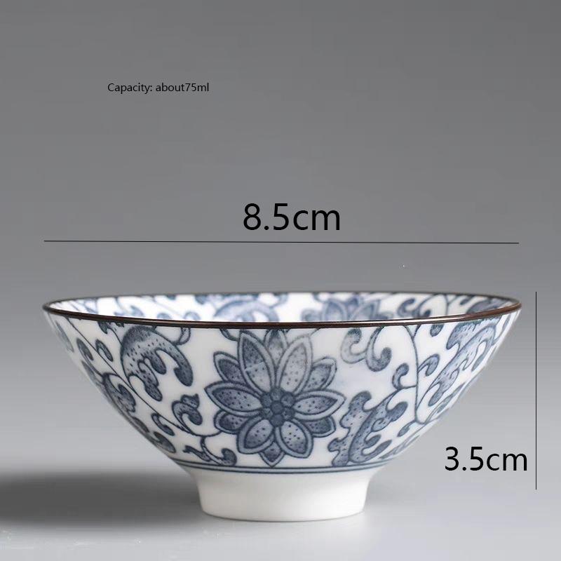 Taça de Chá Cônica Azul e Branca - Cálice de Cerâmica Pintado à Mão para Saquê/Chá, Jogo de Chá Gongfu de Porcelana Antiga, Louça de Mesa de Uso Duplo