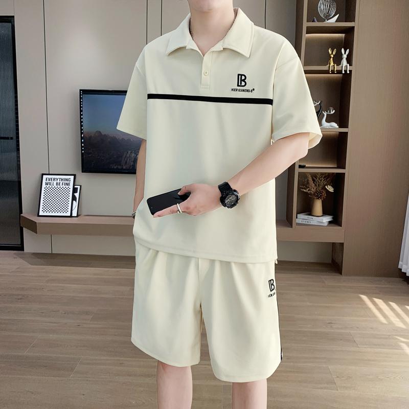 Short-sleeved T-shirt Lapel POLO Shirt Shorts Suit Men's Quarter Pants Thin Breathable Ice Silk High-quality Two-piece Set