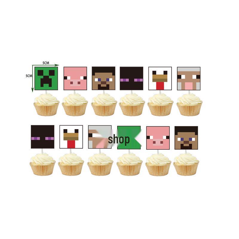 Minecraft Mosaic Pixel Theme Party Flags & Cake Toppers