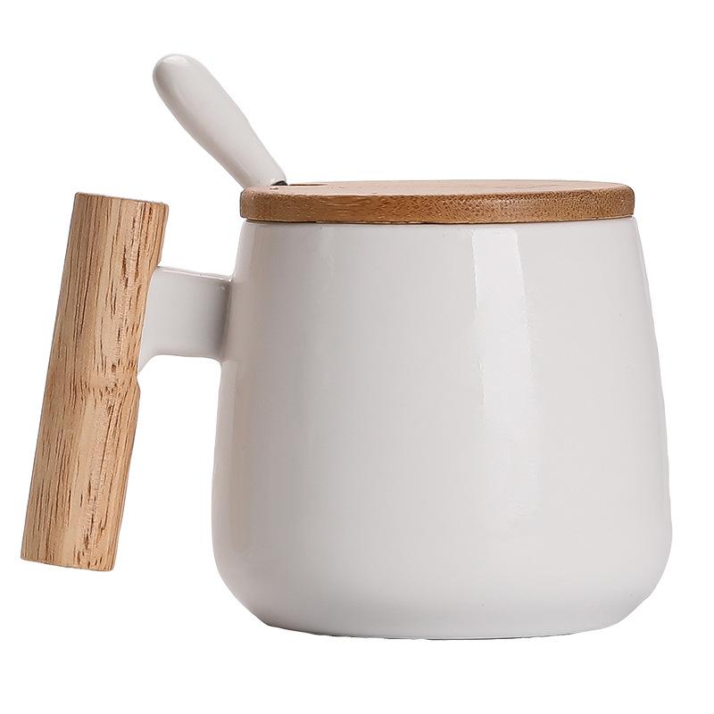 Ceramic Coffee With Lid Spoon Simple Wooden Handle Office Couple Water Cup Engraving