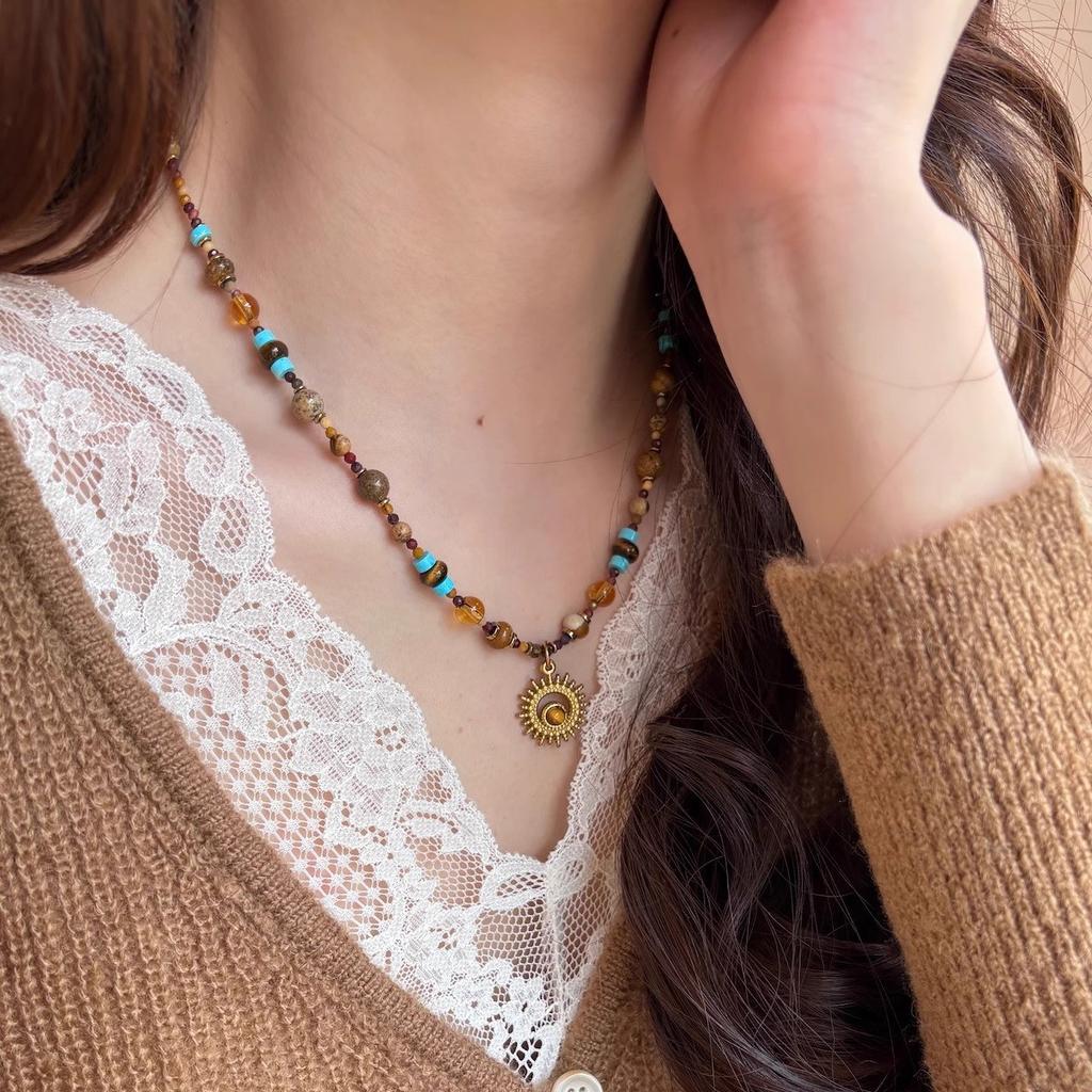 Titanium Steel Natural Stone Rice Beads Sunflower Beaded Necklace New Chinese Retro Collarbone Chain Light Luxury Cold Wind Necklace Decoration Women
