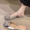 Silver Bag Head Slippers Women's French Thick Heel 2025 New Fairy Square Head One-word Buckle with Mary Jane Single Shoes
