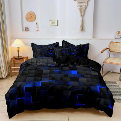 Black Square Geometric Duvet Cover Set 3D Square Pattern Comforter Cover Kids Teenagers Boys Bedroom Decor Blue Creative Bedding