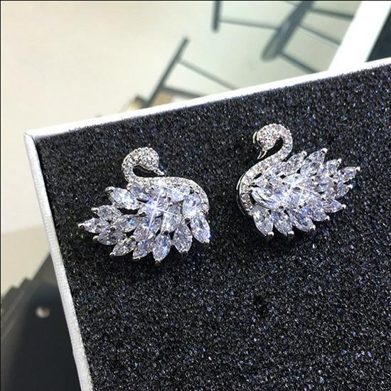 Korean Style Black & White Swan Zirconia Stud Earrings with S925 Silver Needle - Versatile & Elegant.