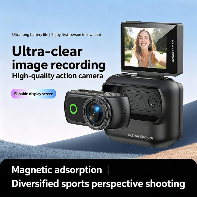 Portable Palm-Sized Action Camera with 2.0in Flip Screen 1080P 4K HD Magnetic Detachable Mini Cam for Day or Night Vlog Shooting