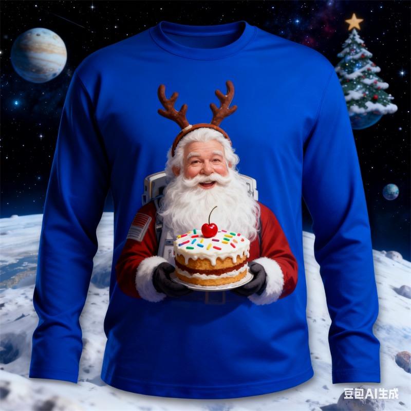 Christmas Men's long sleeved T-shirt Santa Claus pattern print t shirt for man New Year men's round neck T-shirt Men's clothing