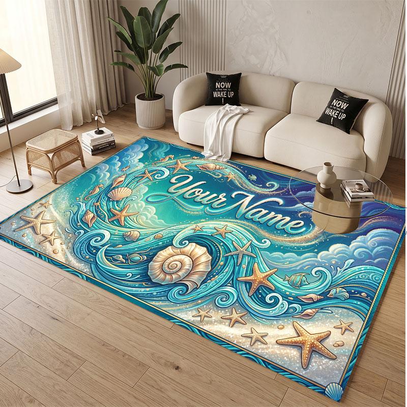Fish Ocean Theme Soft Crystal Velvet Rug Custom Name & Text Print Non Slip Floor Rug for Bedroom Living Room