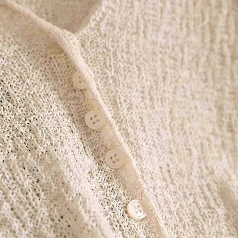 V-neck Long Sleeve Thin Knitted Cardigans Women Spring Summer Hollow Out Sun Protection Clothing Shirt Slim Single Breasted Tops