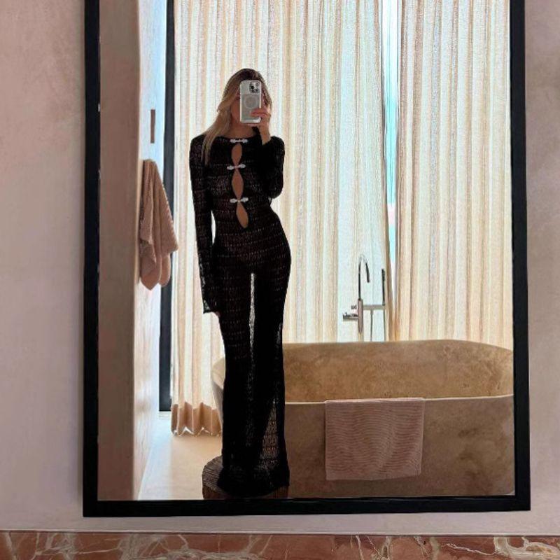 

E Fashion 2025 Весна/Лето Новое поступление Пляжная накидка с вырезами Богема Длинное платье-швабра с открытой спиной и юбкой «рыбий хвост» для вечера Black L