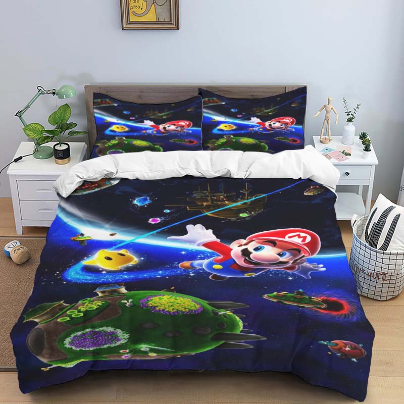 

3PC Super Mario Cartoon Duvet Cover and Pillowcase Bedding - Suitable for Single, Double, Queen, and King Beds 135x200cm