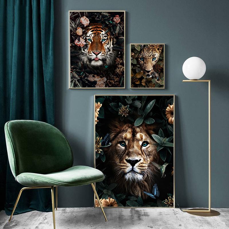 Flower Jungle Animal Lion Tiger Leopard Deer Abstract Wall Art Poster Grand Styel Canvas Painting Decoration Living Room Decor