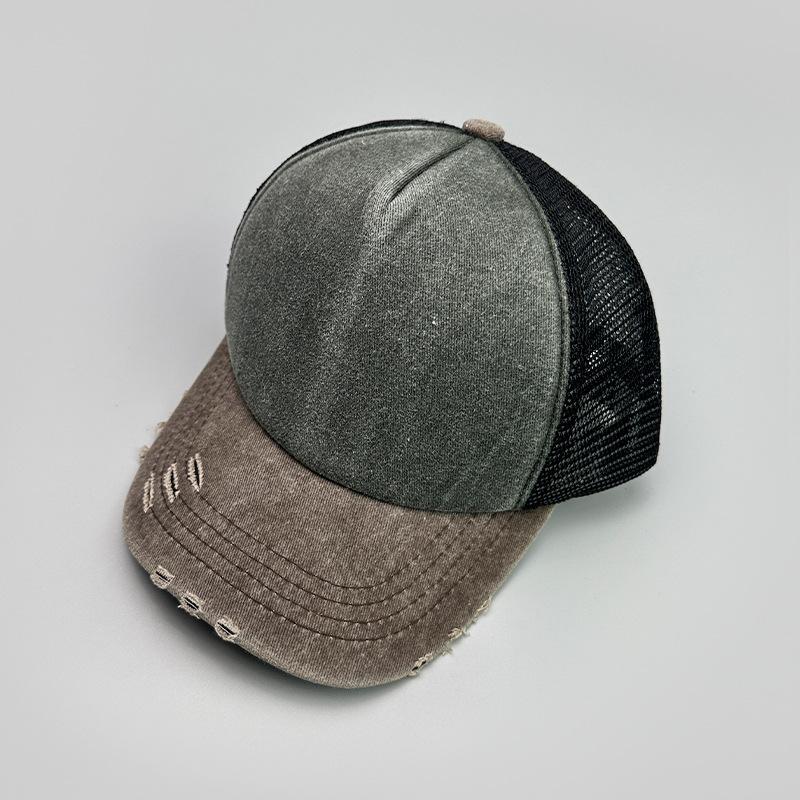 Contrasting Color Washed Mesh Baseball Cap Men'S And Women'S Sunshade Retro Breathable Hole Wind Truck Hat
