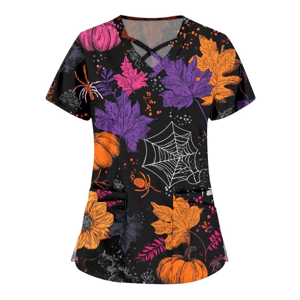 Women's Fashion Cross V Neck Short Sleeve Overalls Double Pockets Halloween Printed Tops Uniforms