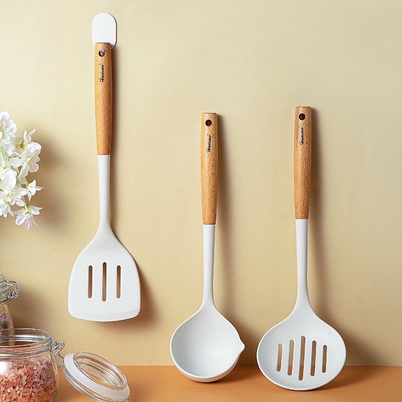 Large Beech Wood Handle Silicone Kitchen Utensils: Silicone Spatula, Spoon, and Stir-Fry Spatula Set for Non-Stick Pans
