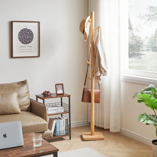 YMYNY Wooden Rubberwood Pole Hanger with Stable Square Base, Three Height Adjustments, 8 Hooks, Easy Assembly, Compact Design for Hats, Bags, and Clot