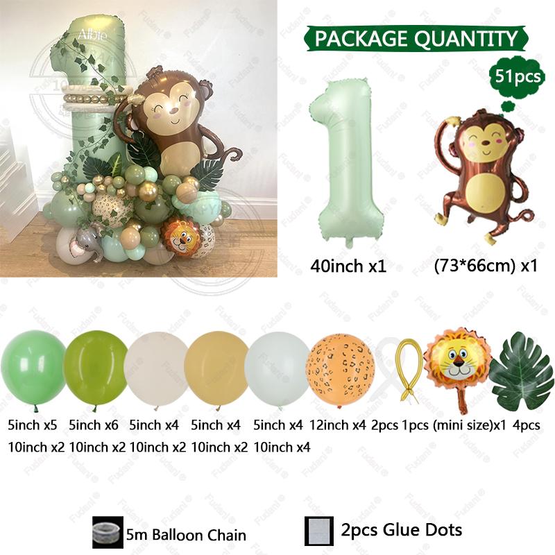 

51Pcs Jungle Monkey Lion Balloon Green Number 1-9 Boy Birthday Party Decoration Turtle Back Leaf Jungle Decoration Supplies 40inch