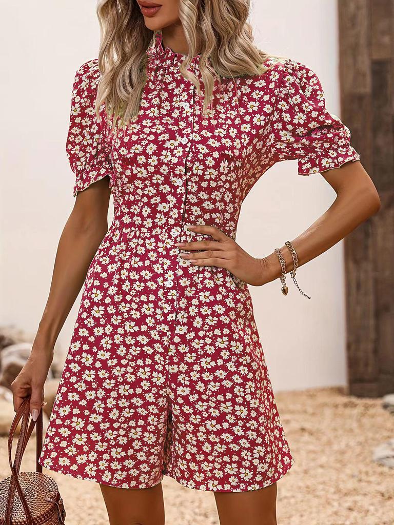 Temu Women's Daisy Print Puff Sleeve Jumpsuit - Fashionable Holiday Wear