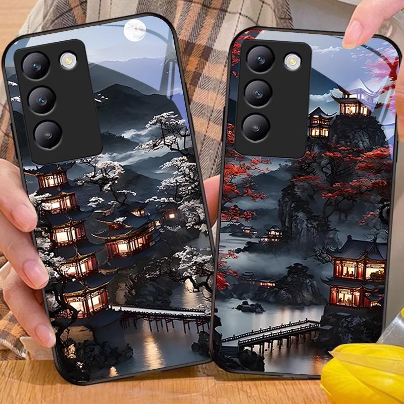 Gebäude im alten Stil für Y72 33S 11 03 36 96 Lite 35 16 Iqoo 12 V40 SE 5G 29 40 21 30 X80 Pro Vivo Handyhülle aus gehärtetem Glas Schwarz