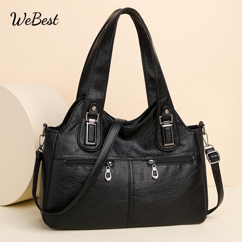 

Soft Leather Large Capacity Tote Bag Vintage Style Shoulder Crossbody Bag чорний