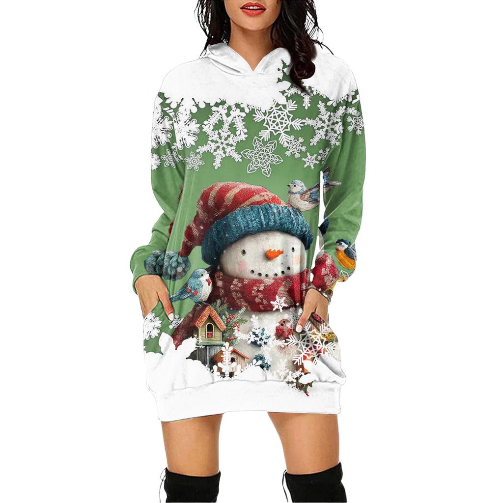 Rochie Pulover cu Glugă și Mâneci Lungi cu Buzunar și Imprimeu de Crăciun pentru Femei
