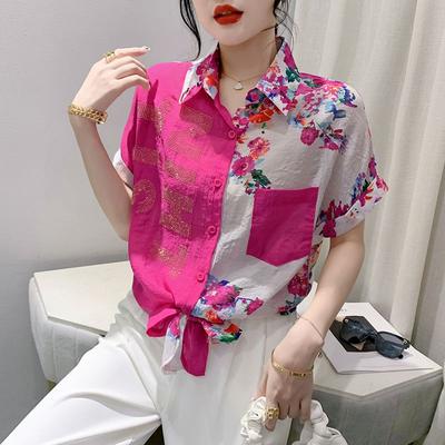 Temperament Summer New Women's Polo Neck Diamonds Patchwork Pockets Single Breasted Lacing Fashion Short Sleeve Loose Shirt Tops