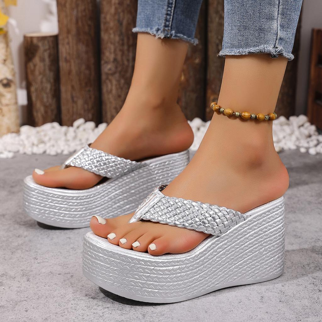 22 summer European and American solid color herringbone thick bottom slope heel sandals waterproof table slippers