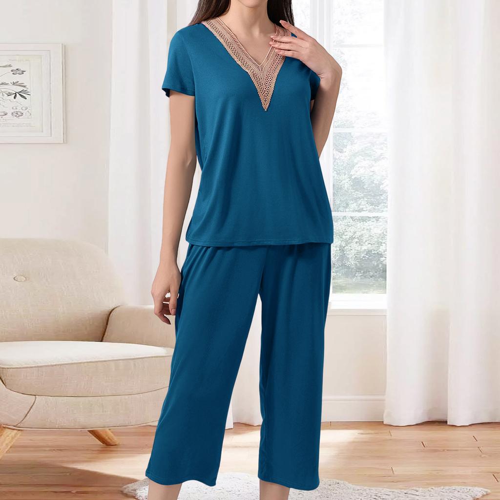 Women's Fashionable V-neck Casual Short-sleeved Loungewear Lace Pajamas Loose, Comfortable, Breathable Plus Size Color Top