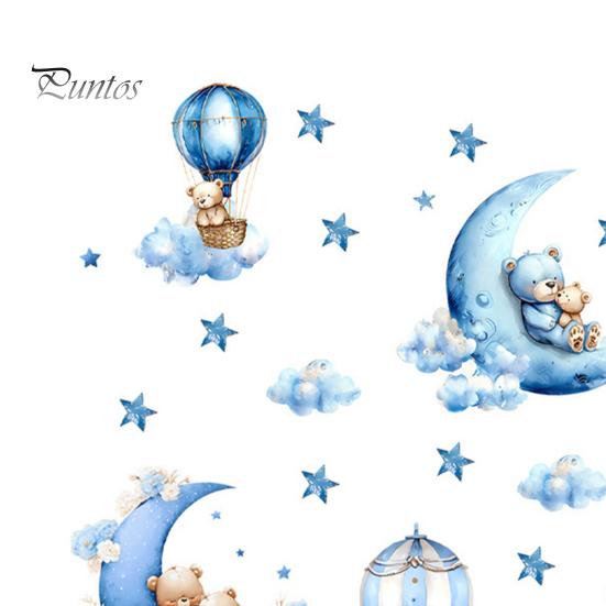 Non Fading PVC Wall Stickers 2Pcs Starry Sky Bear Stickers, Cartoon Moon Hot Air Balloon Decals, Versatile Decals for Glass Blue Peel And Stick
