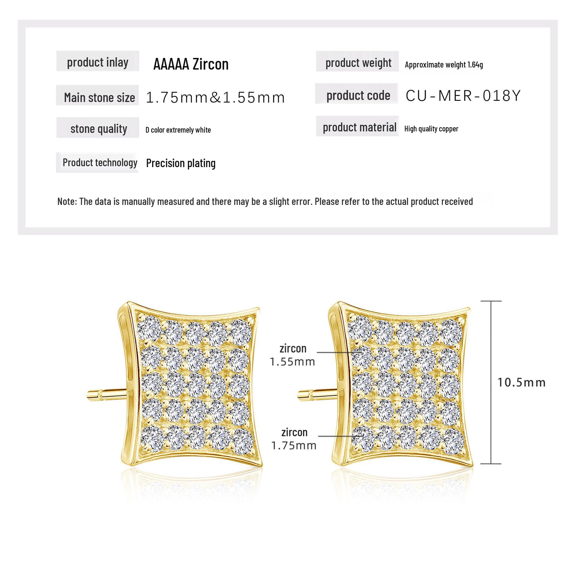 Крупные золоченые серьги-гвоздики с инкрустацией цирконами - Роскошные модные серьги