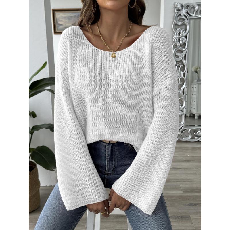 Women Loose Off Shoulder Boat Neck Flare Sleeve Pullover Knit Sweater