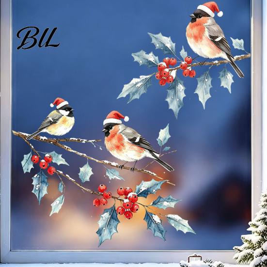 Indoor Outdoor Glass Stickers Christmas Watercolor Bird Window Sticker, Santa Hat On Beey Waterproof PVC Film Branch Static Decal, Cling for
