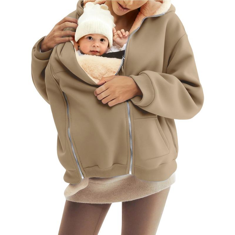 Women's Winter Maternity Baby Carrier Hoodie Fleece Lined Zip Up Kangaroo Pocket Jacket