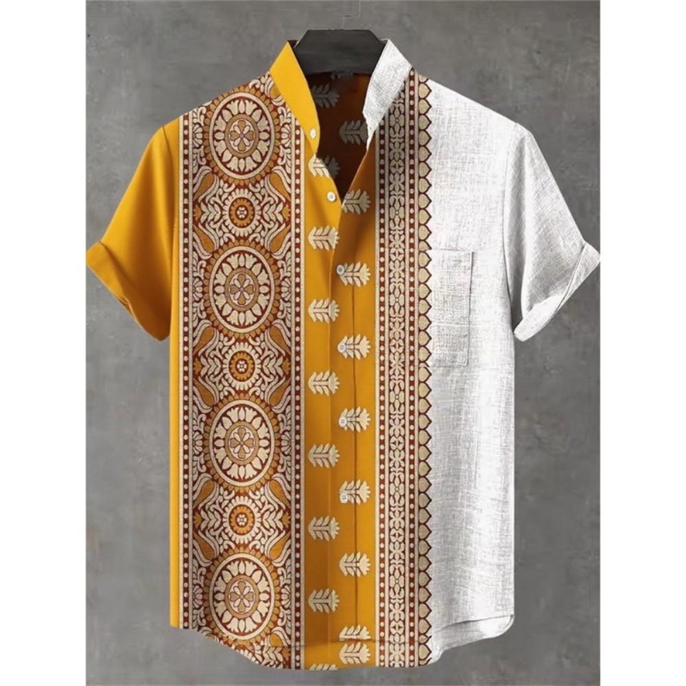 

Men s summer shirt, fashionable stand up collar short sleeved cardigan, ethnic tribal printed pocket, linen breathable men s top XL