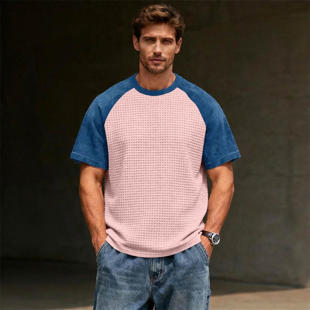 Men's Casual Lightweight Waffle Knit Raglan Short Sleeve Crew Neck Shirt Loose Fit Big Size Top for Everyday Wear