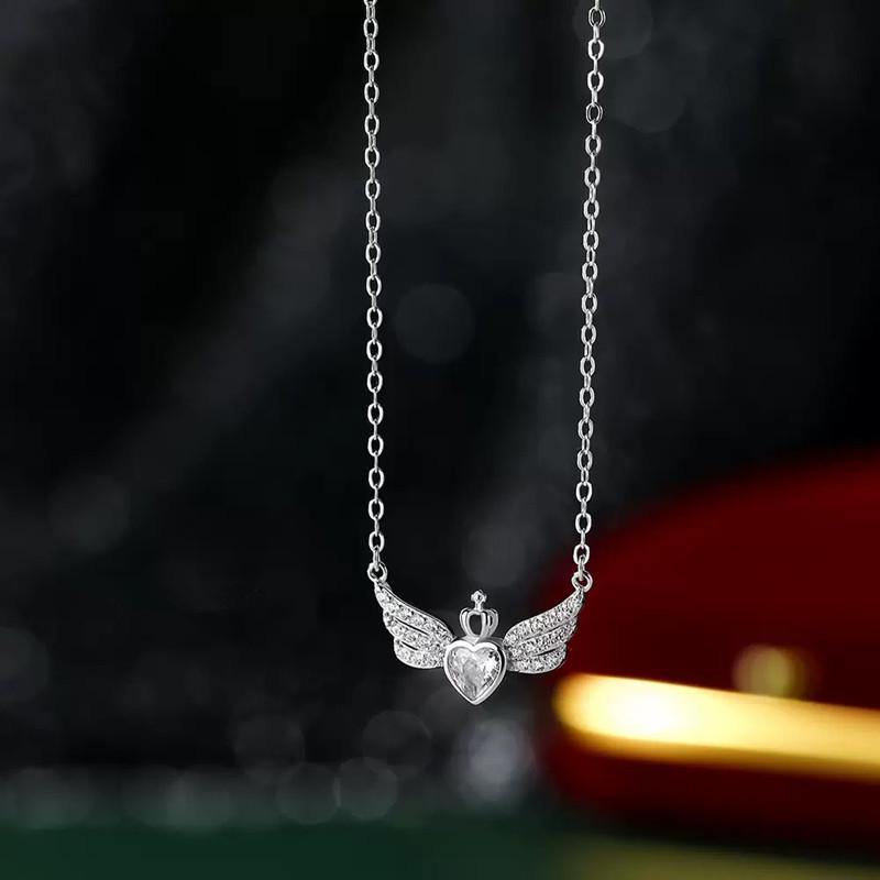 Серебряное ожерелье Beixi S925 с крыльями ангела, сердцем и полной бриллиантовой короной для женщин 925 Silver