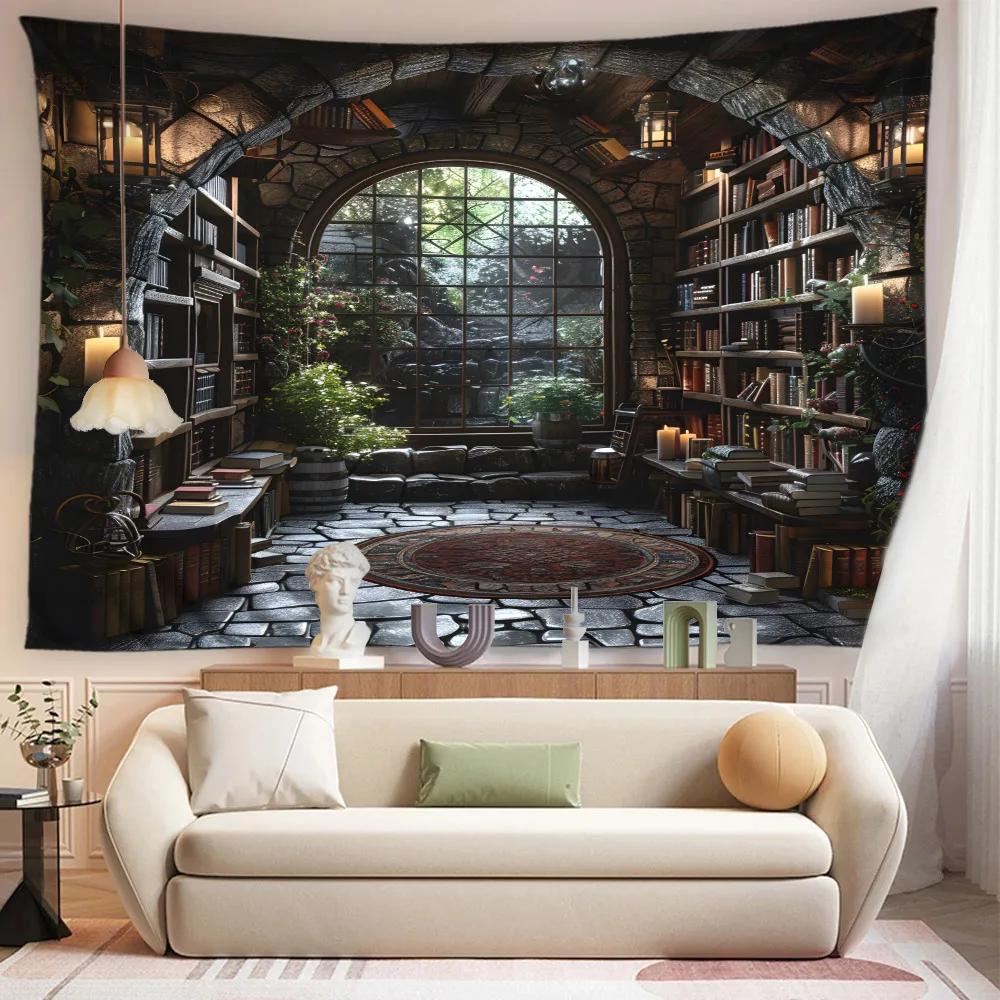 Vintage Library Tapestry Mural Old Books Bookshelf Attic Candles Gothic Home Decor Dormitory Living Room Bedroom Wall Hanging