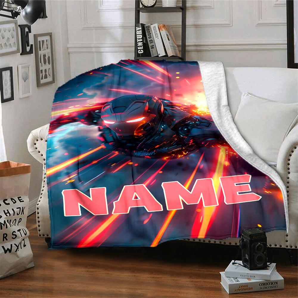 Iron Man In Action With Glowing Repulsors And A Futuristic Background Throw Customizable Blanket Customize Text Warmthful Decor For Sofa Couch Office