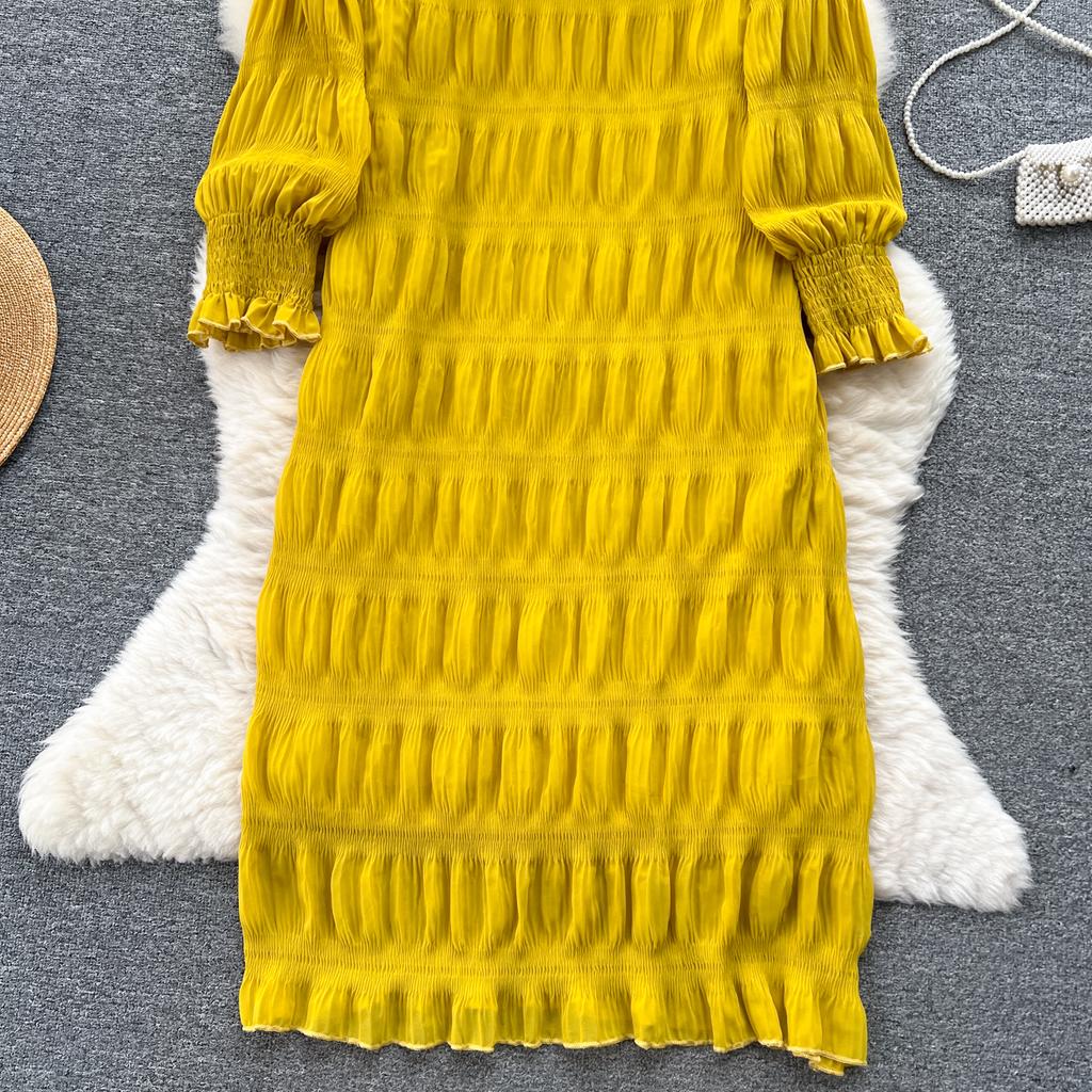 Podzimní Vintage Dámské Řasené Volné Midi Šaty Elegantní Kulatý Výstřih Bufované Dlouhé Rukávy Župan Ležérní Šaty Nové
